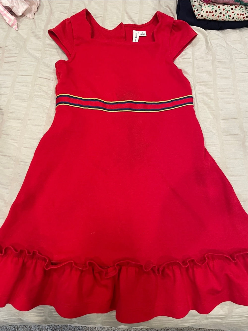 Janie and Jack Red Fit-and-Flare Dress with Multicolor Striped Waist